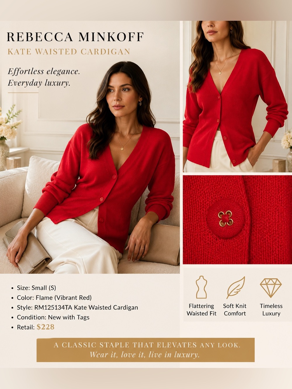 Rebecca Minkoff Vibrant Red V-Neck Waisted Cardigan